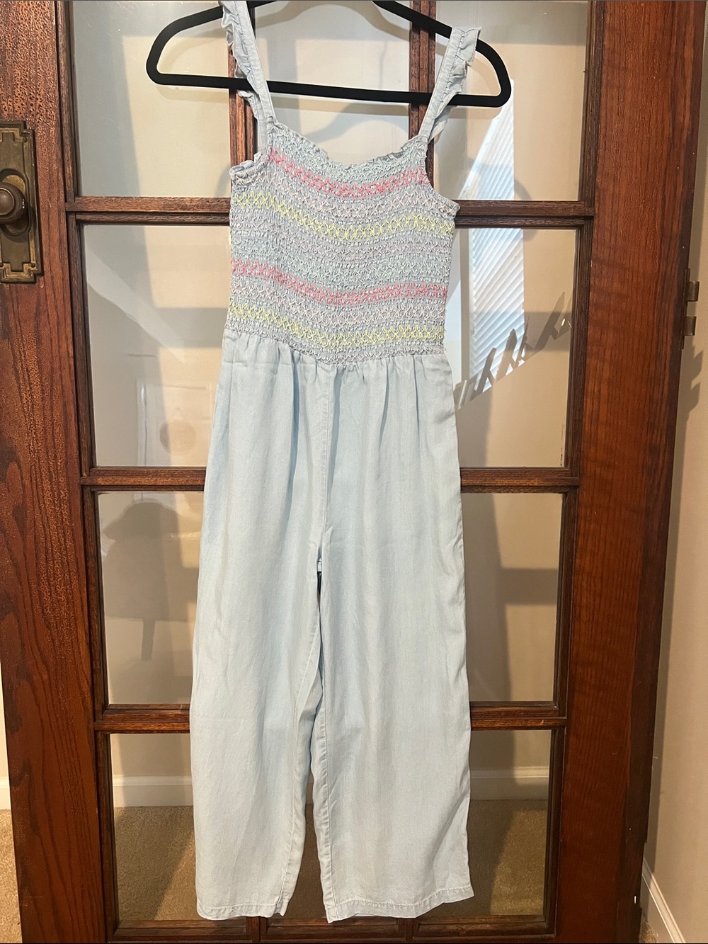 Epic Threads Light Blue Jumpsuit with Pastel Stripe Smocking